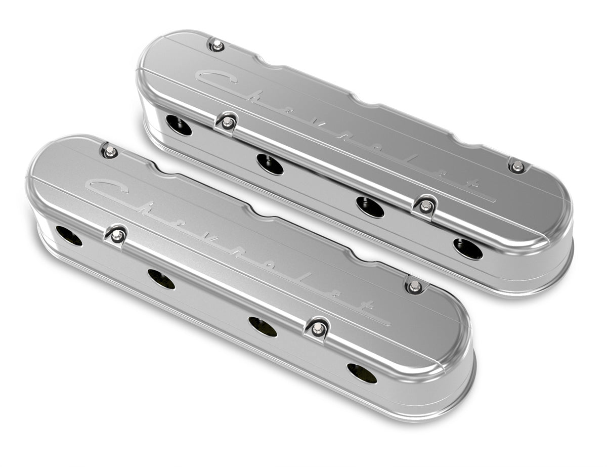 Holley GM LS Valve Cover Set 241-176 with Tall Height, Polished Cast Aluminum, Stainless Hardware, and Chevrolet Script