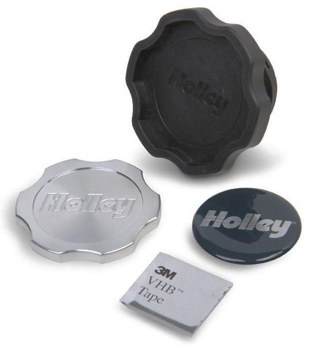 Holley Oil Fill Cap GM LS Series with Billet Insert, Twist-On, Round, Black Plastic with Aluminum Notched Grip