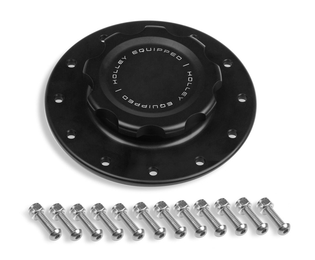 Holley 241-227 Fuel Cell Filler Cap Assembly with 12-Bolt Flange, Aluminum, Black Anodized