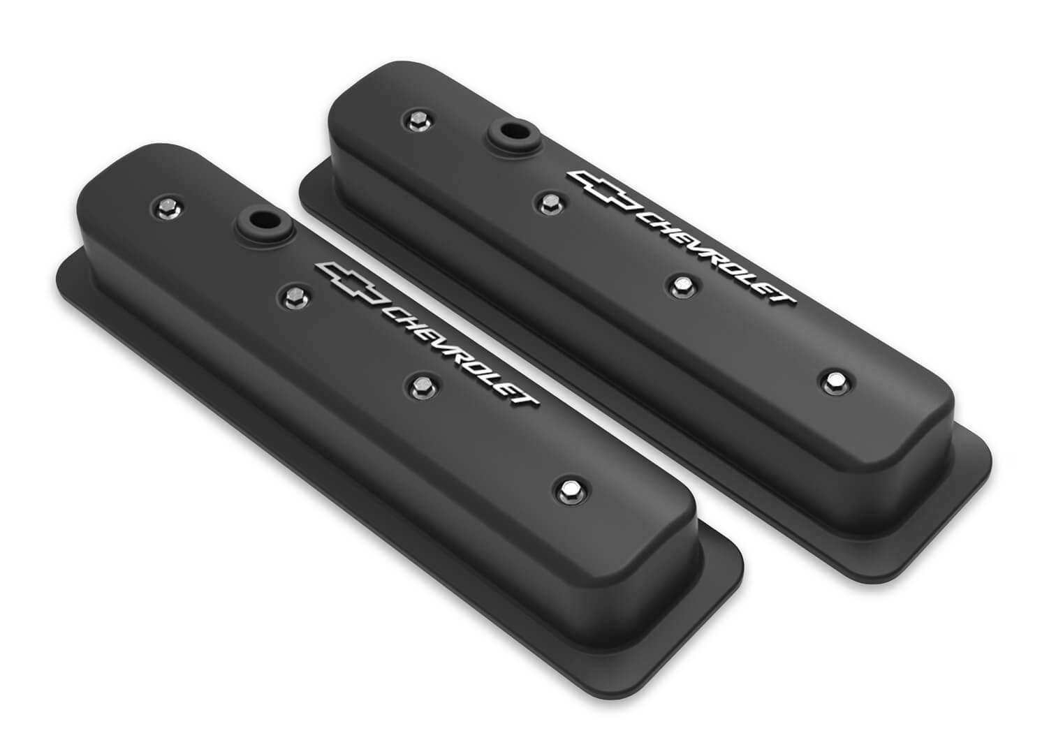 Holley 241-292 SBC Muscle Car Valve Covers with Breather Holes and Chevy Bowtie Emblem, Satin Black Cast Aluminum, Small Block Chevy, Pair