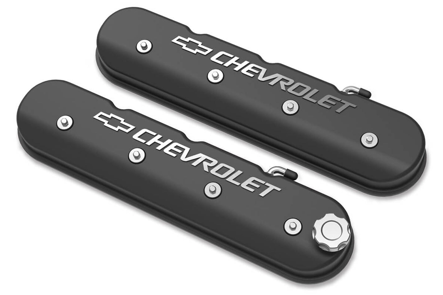 Holley LS Series Valve Covers with Bowtie Chevrolet Logo, Tall Baffled Aluminum, Black Machined Finish