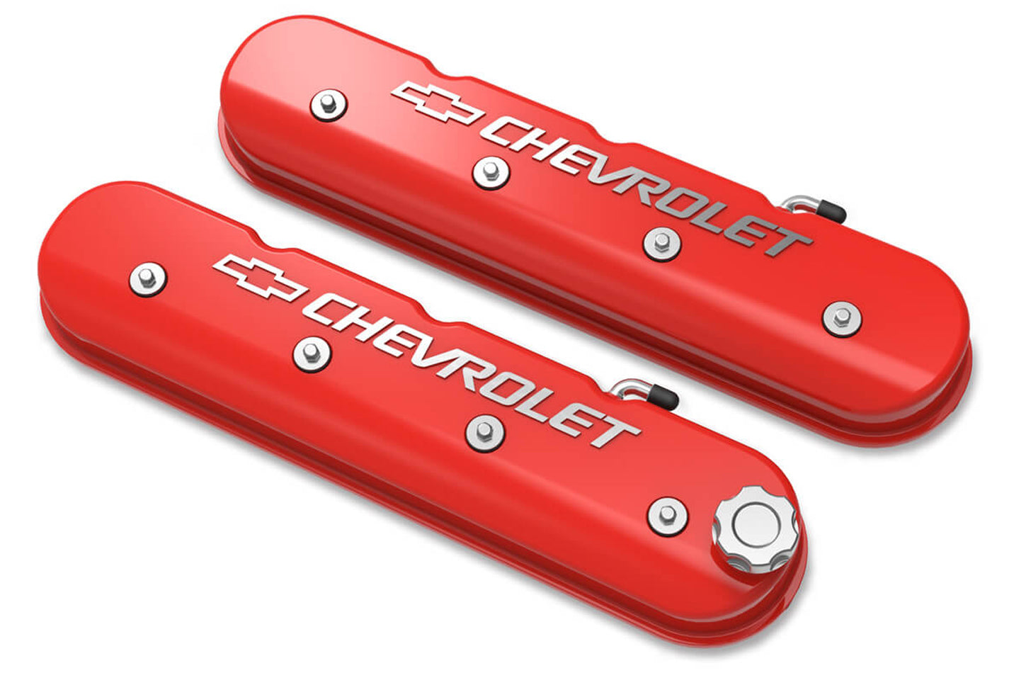 Holley 241-404 LS Series Valve Cover with Chevrolet Bowtie Logo, Tall Baffled Aluminum, Red Machined Finish, Pair