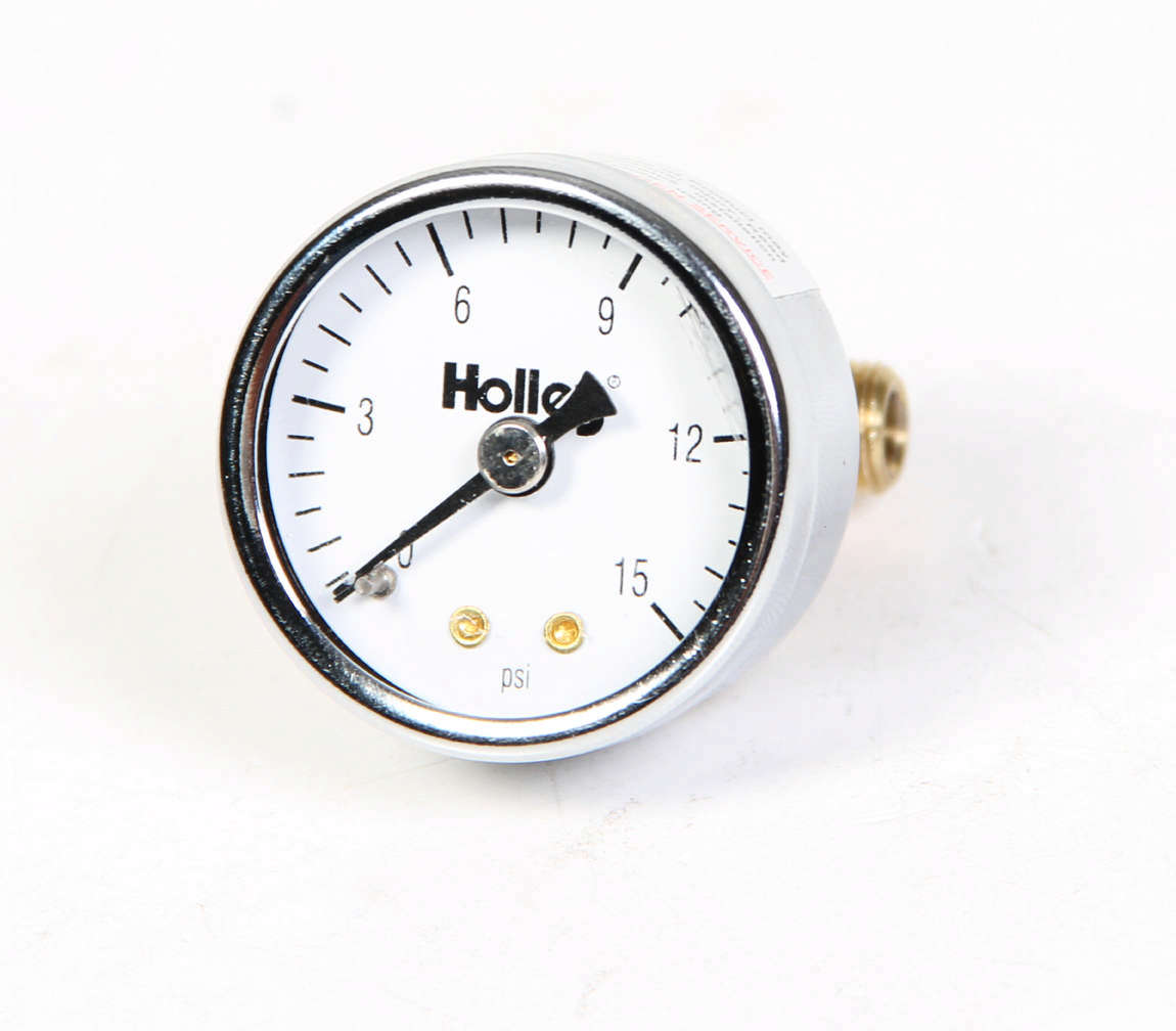 Holley 26-500 Fuel Pressure Gauge, 0-15 psi, Mechanical, Analog, 1-1/2 Inch Diameter, White Face, 1/8 Inch NPT Port