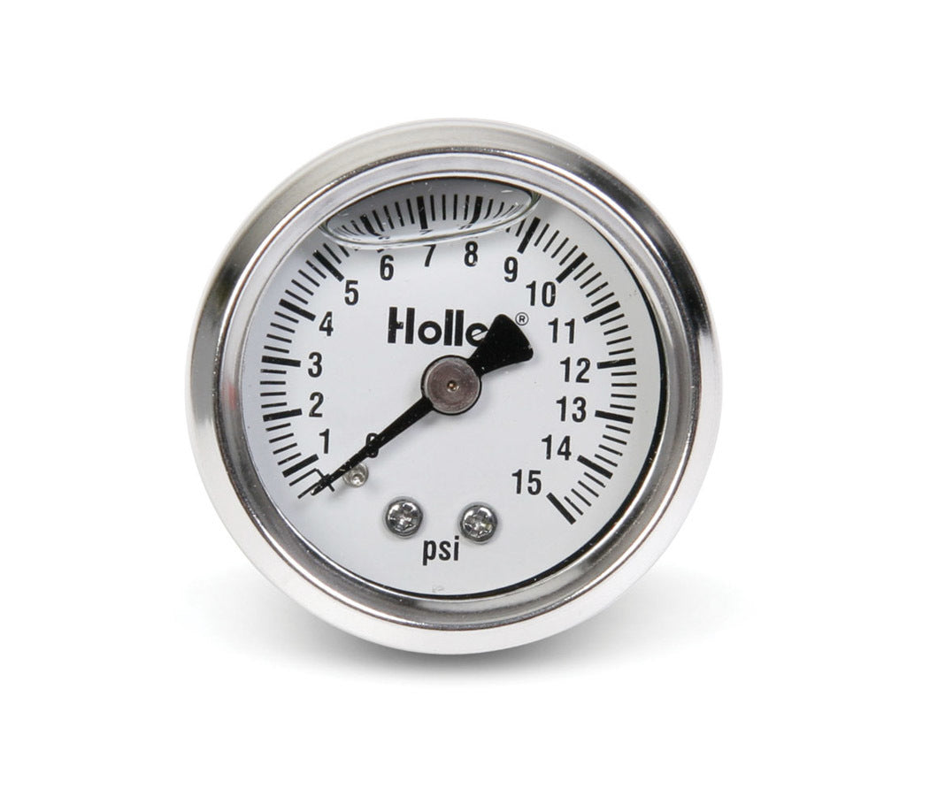 Holley 26-504 Fuel Pressure Gauge, 0-15 psi Mechanical Analog, 1-1/2 Inch White Face Liquid Filled with 1/8 Inch NPT Port