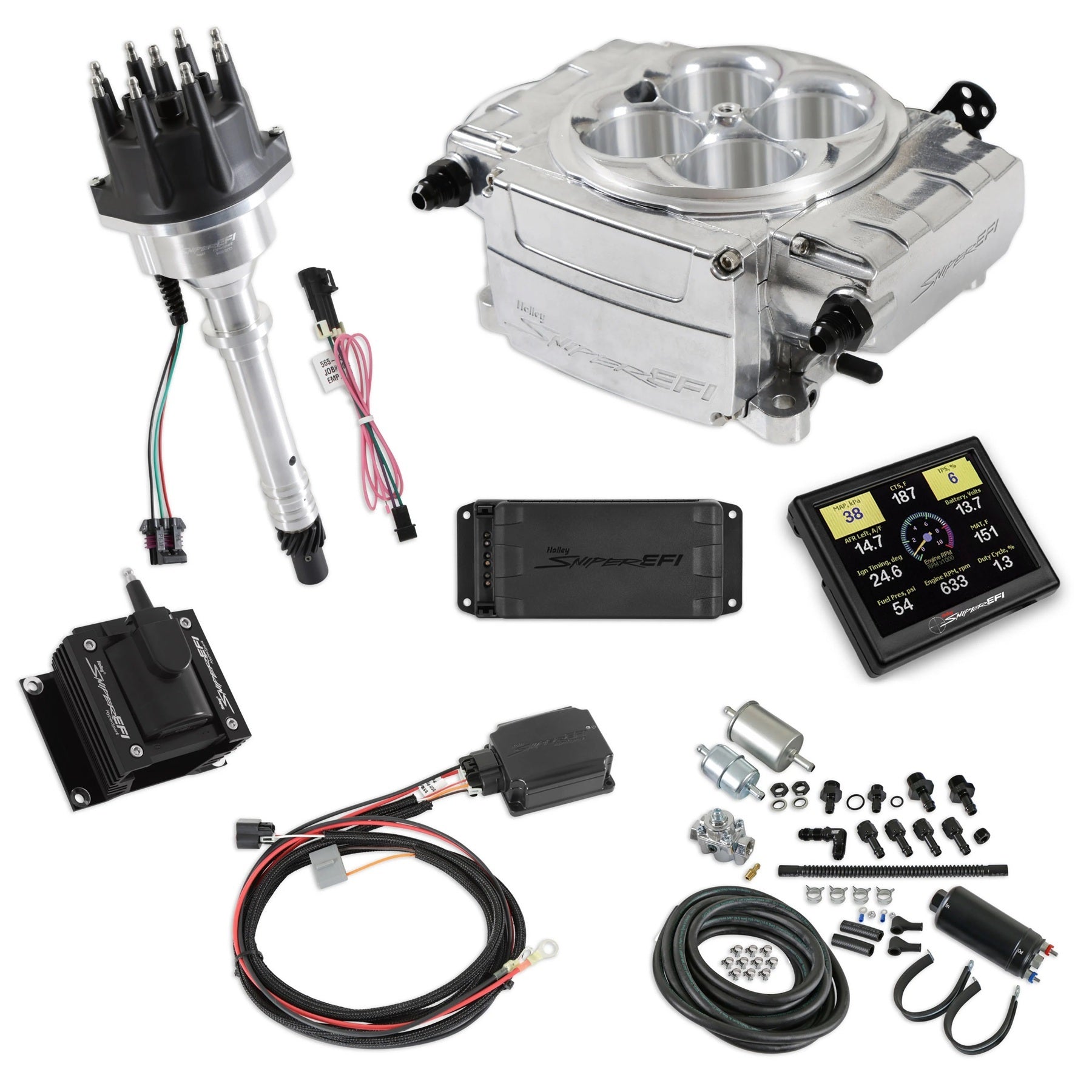 Holley 550-510-3PK-SBC Sniper 2 EFI Master Kit with SBC Ignition, Square Bore Aluminum Throttle Body, Silver Finish