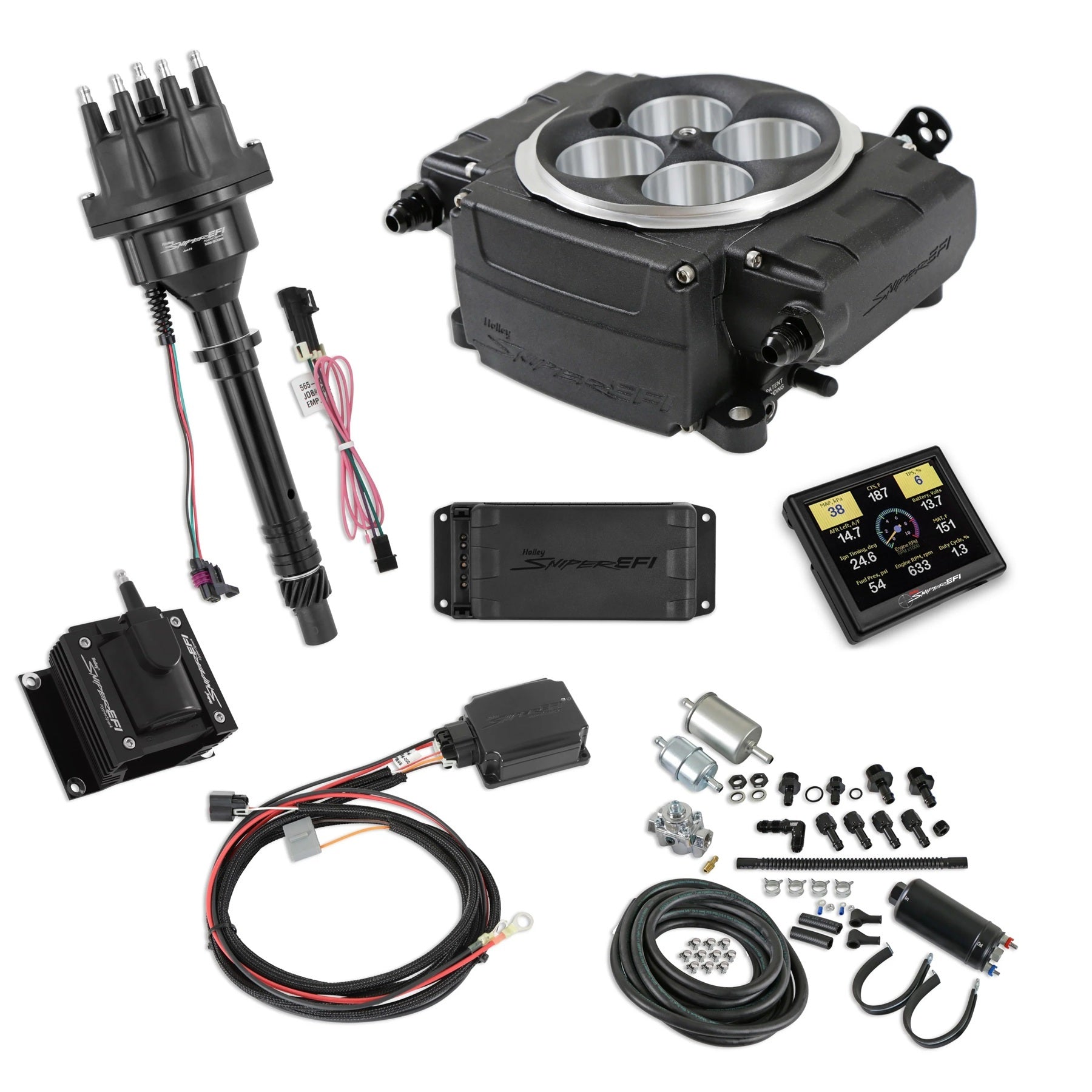 Holley Sniper 2 EFI Master Kit for Small Block Chevy with 3.5 Inch Touch Screen, Black Aluminum Throttle Body, Part Number 550-511-3PK-SBC