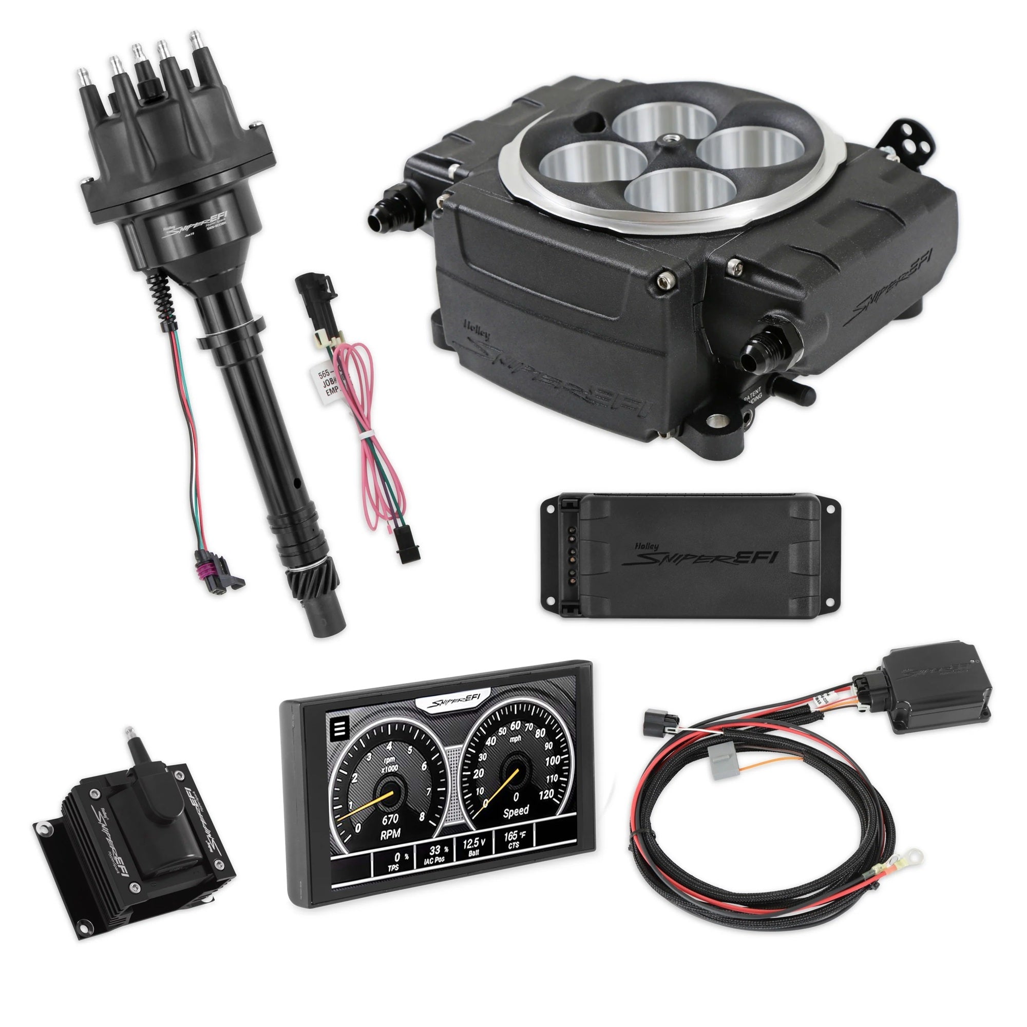 Holley 550-511-5PX-SBC Sniper 2 Fuel Injection Throttle Body Kit for Small Block Chevy, 5 Inch Touch Screen, Aluminum Black Powder Coat