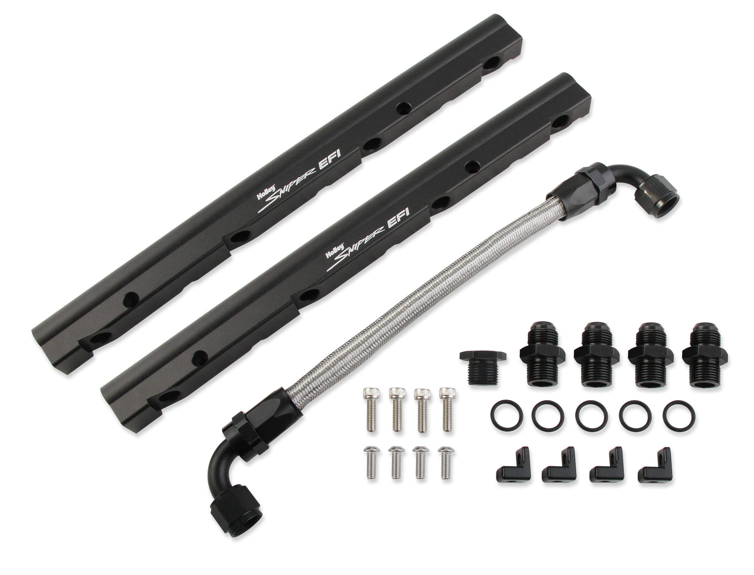 Holley OE Sniper EFI Fuel Rail Kit for GM LS3 Intake Systems with 8 AN Female O-Ring Inlets and Outlets, Aluminum, Black Anodized