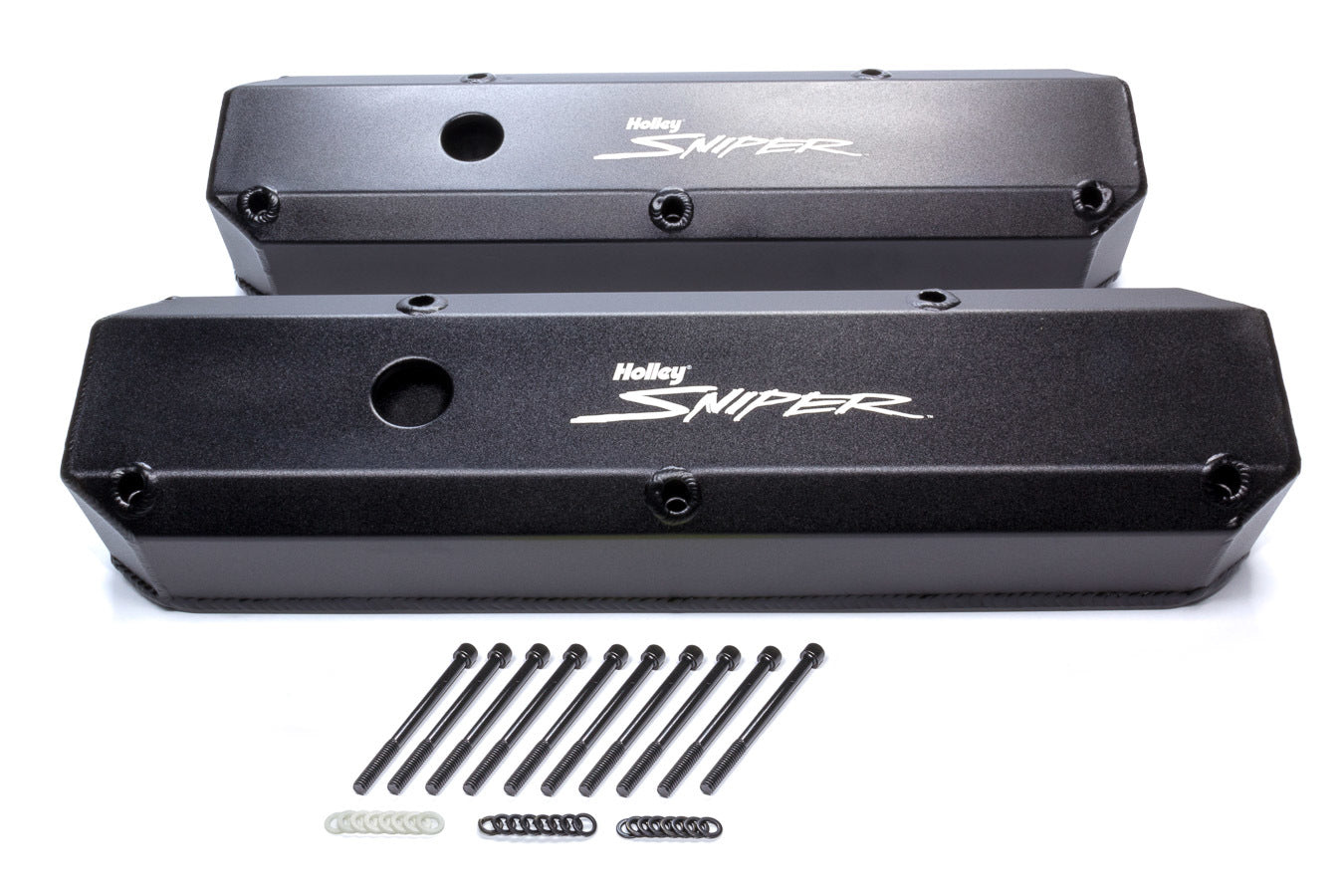 Holley 890003B Sniper Fabricated Valve Covers for Small Block Mopar, Tall Baffled Design with Breather Holes, Black Anodized Aluminum Pair