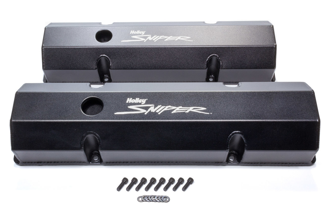 Holley 890010B Sniper Fabricated Valve Covers for Small Block Chevy, Tall Baffled Design with Breather Holes, Black Powder Coat