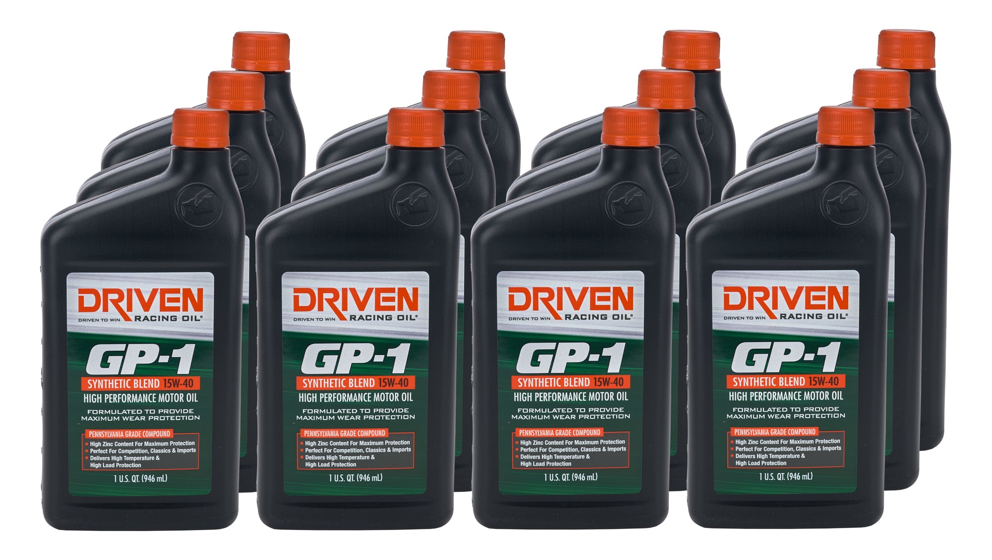 Driven Racing Oil GP-1 15W40 Semi-Synthetic Motor Oil, 1 Quart Bottles, Set of 12