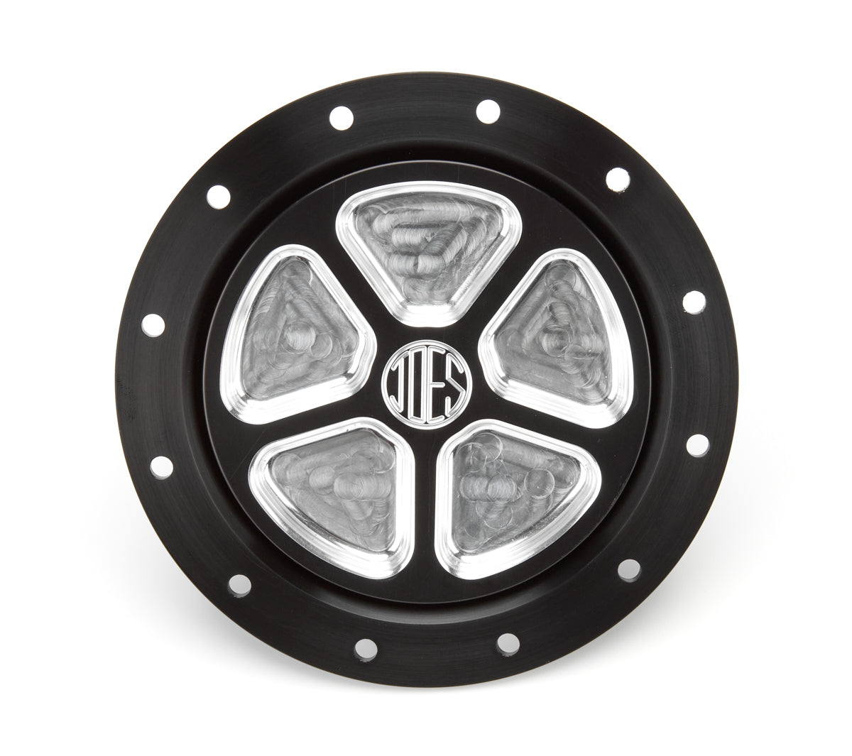 Joes Racing Products 13202-B Fuel Filler Cap Assembly with 12-Bolt Flange and 2-1/4 Inch Hose Barb, Aluminum Black Anodized