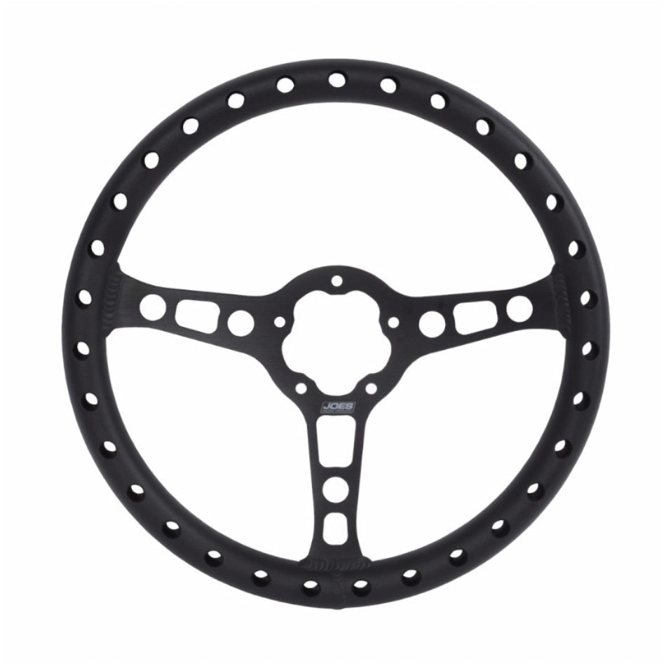 Joes Racing Products 13450 13-Inch Flat 3-Spoke Aluminum Steering Wheel with Drilled Grip and Black Anodized Finish