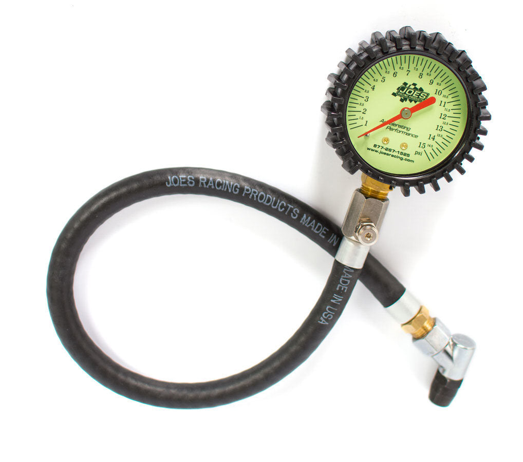 Joes Racing Products 32305 Tire Pressure Gauge, 0-15 PSI, Analog, Glow in the Dark, 2.5 Inch Diameter, White Face