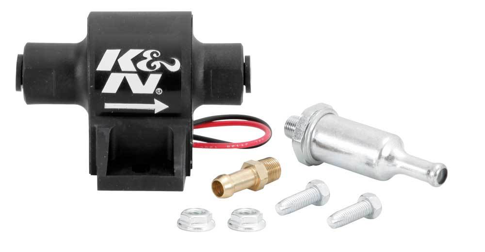 K & N Engineering Electric Fuel Pump 81-0402, 32 GPH at 7 PSI, In-Line, 5/16 Inch Hose Barb Inlet and Outlet, Black Finish, Suitable for E85, Gasoline, and Diesel Engines