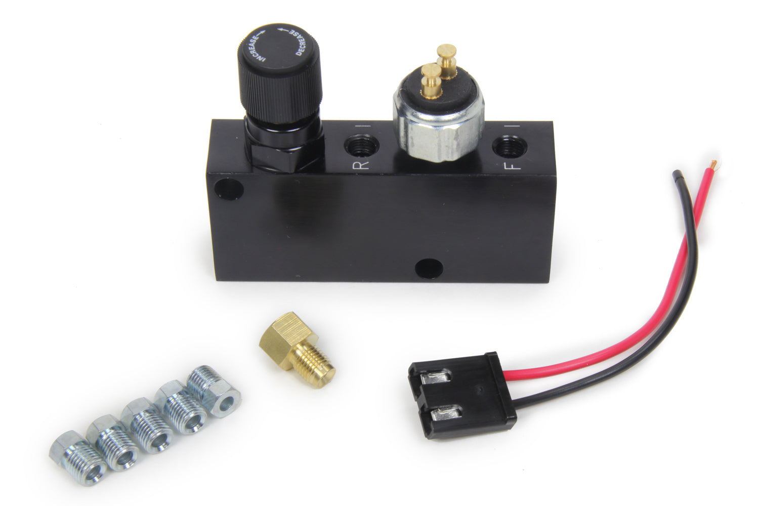 LEED Brakes PVC-B Adjustable Proportioning Valve with 3/8-24 Female Inlet and Outlet, Aluminum, Black Anodized