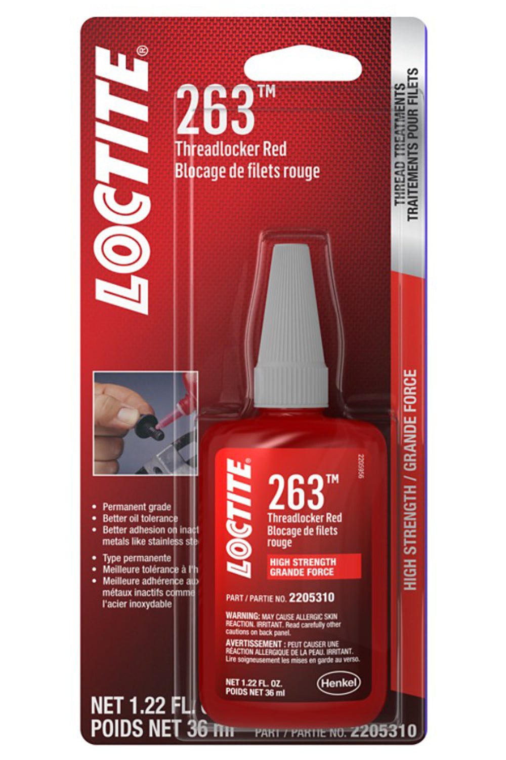 Loctite 263 Red Threadlocker, 36 ml Bottle, Surface Insensitive