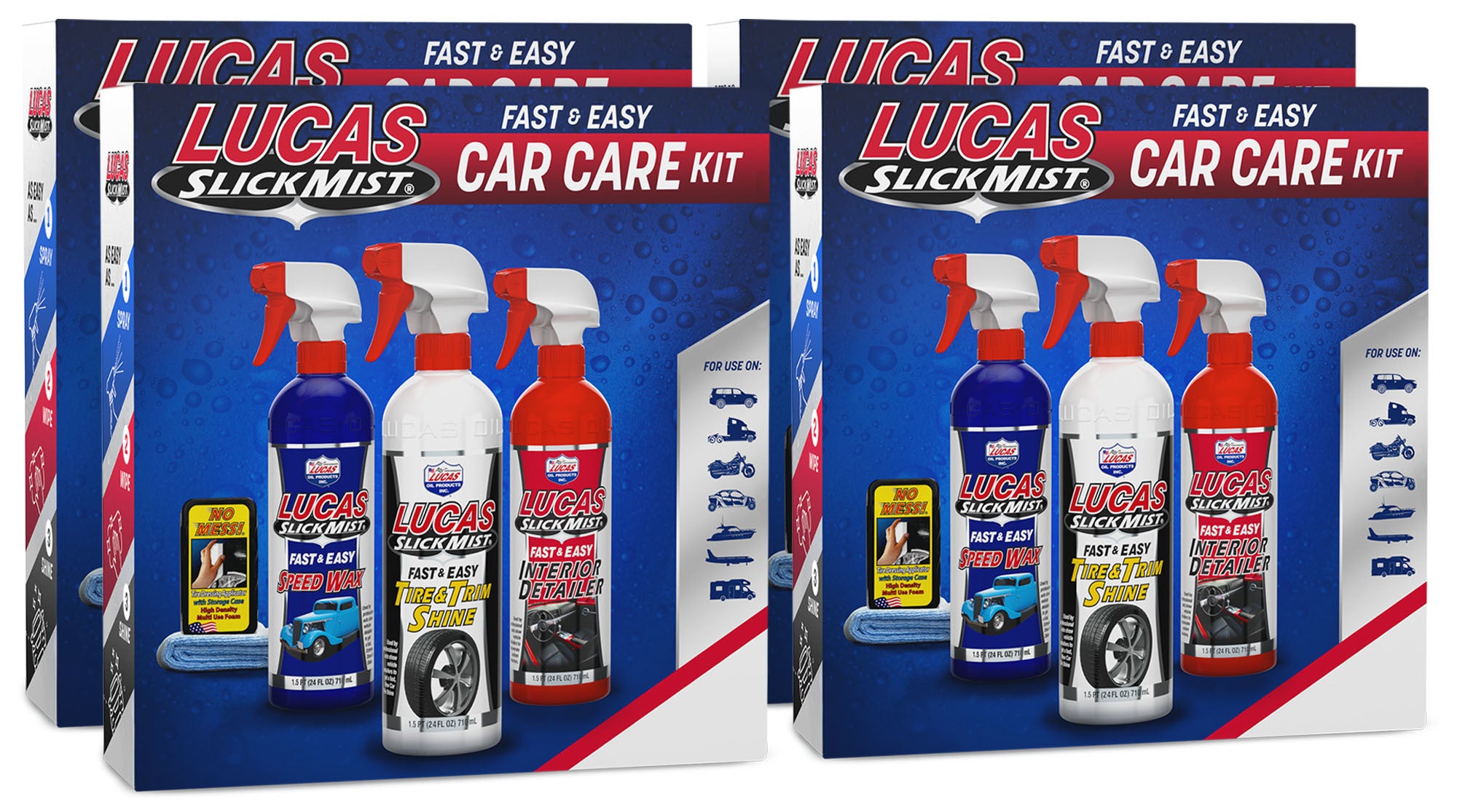 Lucas Oil Slick Mist Detailing Kit with Four Interior Detailers, Four Tire and Trim Shines, and Four Speed Waxes