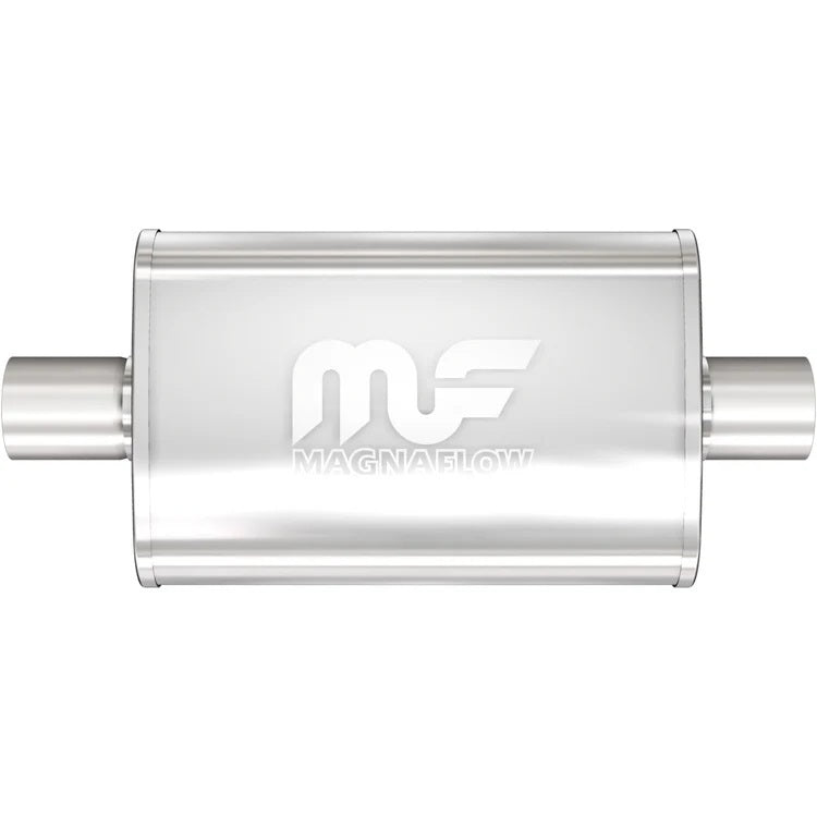 MagnaFlow Performance Exhaust 11216 Stainless Muffler with 2.5 Inch Inlet and Outlet, 14 x 9 x 4 Inch Oval Body, 20 Inch Length, Reversible, Natural Finish