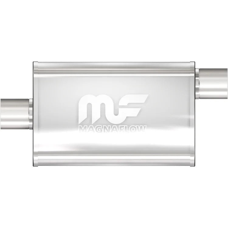 MagnaFlow Perf Exhaust 11255 Stainless Muffler with 2.25 Inch Offset Inlet and Center Outlet, 18x9x4 Inch Oval Body, 24 Inch Length