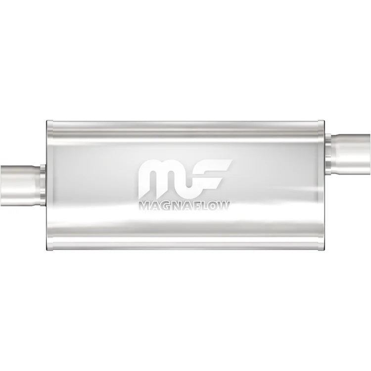 MagnaFlow Performance Exhaust 12256 Stainless Muffler with 2.5 Inch Offset Inlet and Center Outlet, 18 x 8 x 5 Inch Oval Body, 24 Inch Length