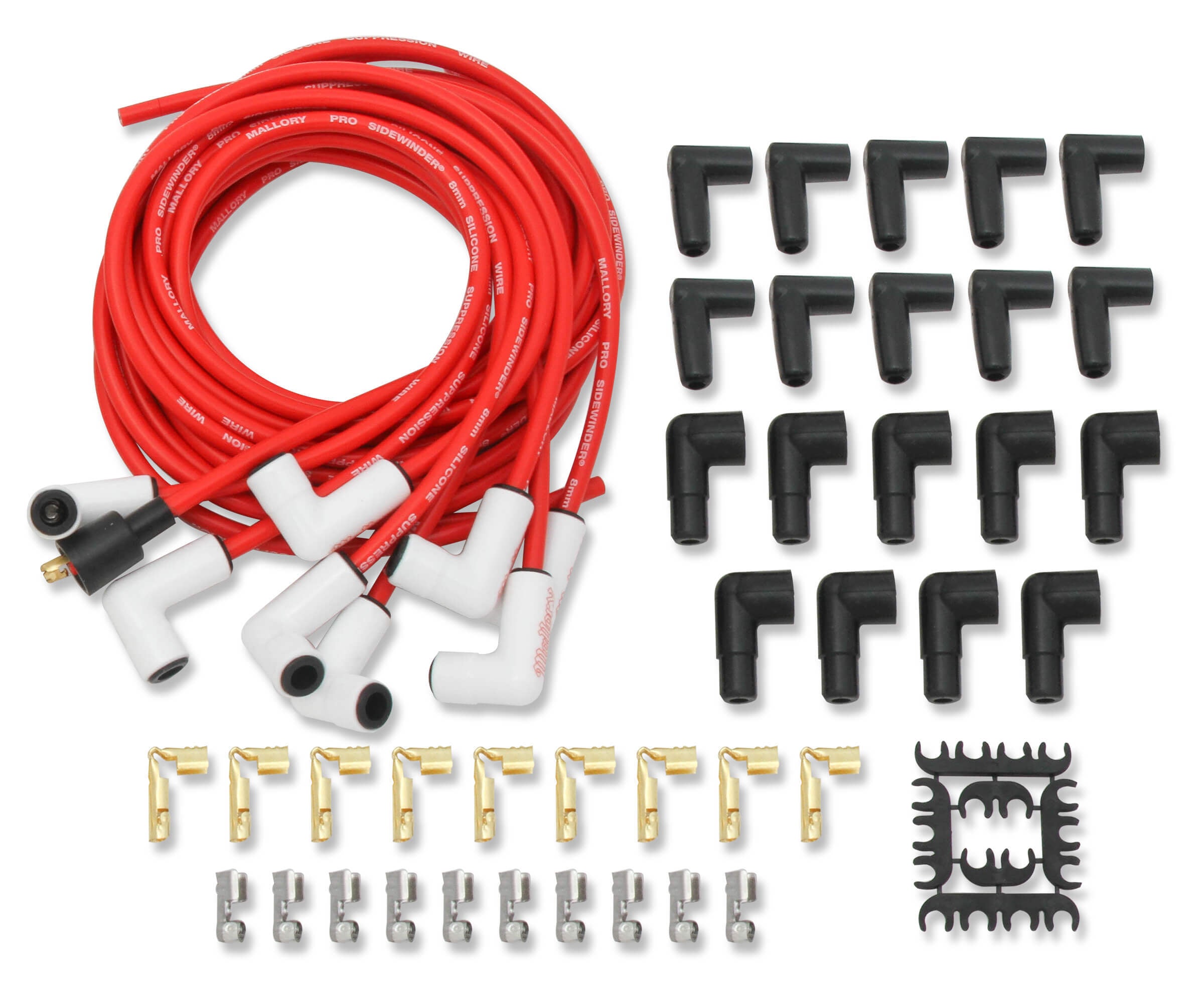 Mallory 937C Pro Sidewinder Spark Plug Wire Set with 8mm Spiral Core and Red 90-Degree Boots