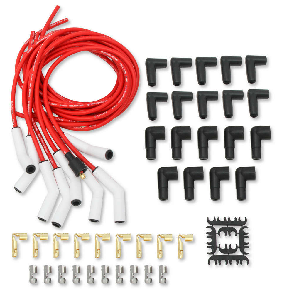 Mallory 947C Pro Sidewinder Spark Plug Wire Set with Spiral Core, 8 mm Diameter, Red, 135-Degree Plug Boots, HEI/Socket Style, Universal Fit