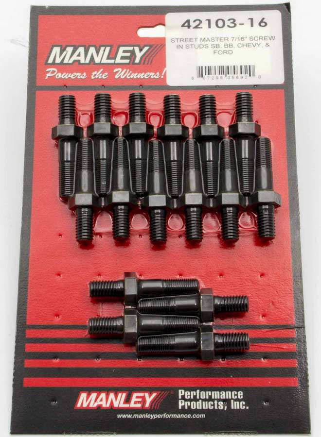 Manley 42103-16 Rocker Arm Stud Set for Chevy and Ford V8 Engines, 7/16 Inch Base Thread, 7/16 Inch Top Thread, 1.76 Inch Effective Length, Chromoly Material