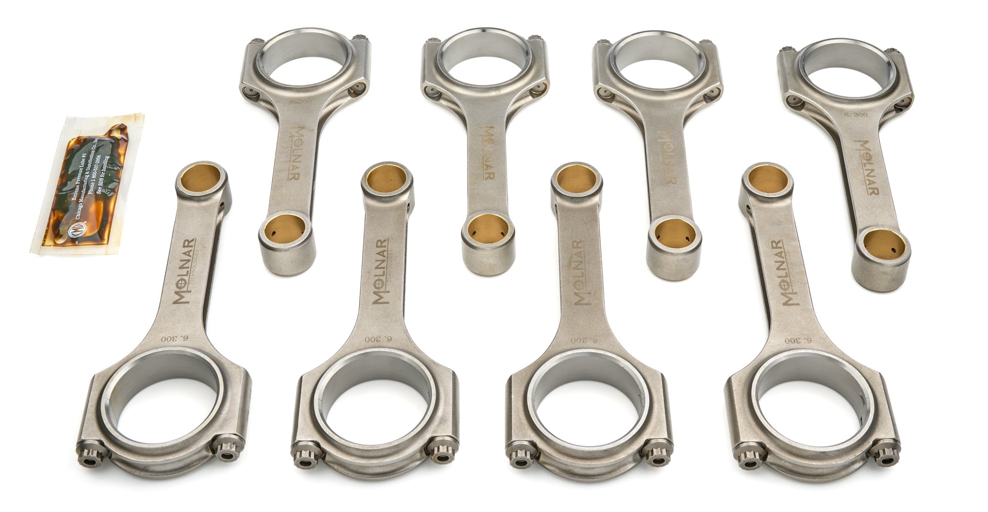Molnar Technologies CH6300NLB8-A H-Beam Connecting Rod Set for Small Block Chevy, 6.3 Inch Length, Billet Steel, 7/16 Inch Cap Screws