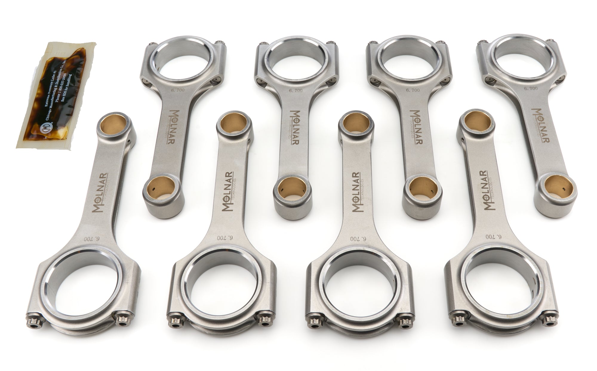 Molnar Technologies FH6700VTB8-A H Beam Connecting Rod Set for Big Block Ford, 6.700 Inch Length, Billet Steel, ARP2000 Bolts, Set of 8
