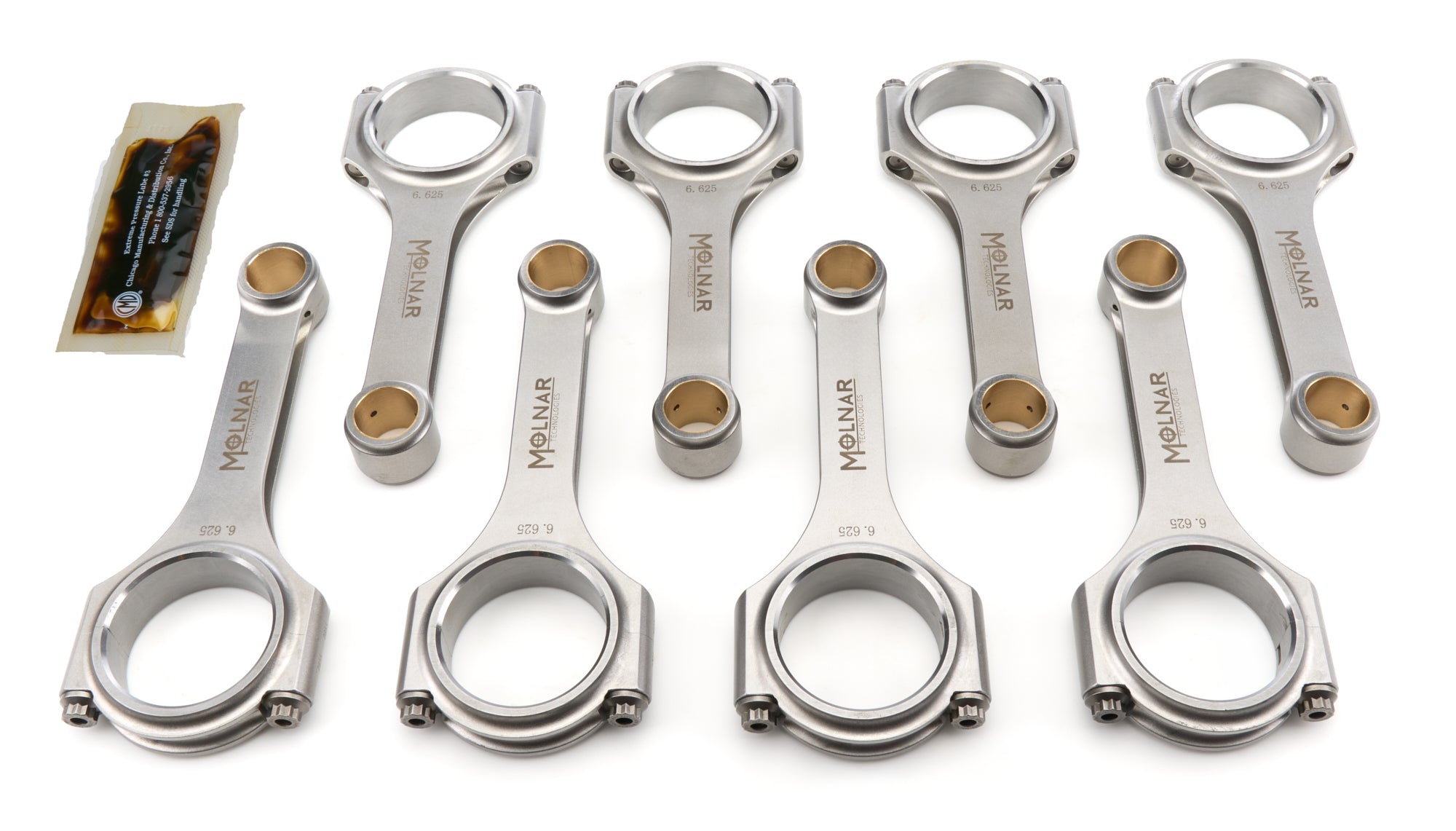 Molnar Technologies PH6625WRB8-A H-Beam Connecting Rod Set for Pontiac V8 Engines, 6.625 Inch Length, Billet Steel, Bushed with 7/16 Inch Cap Screws