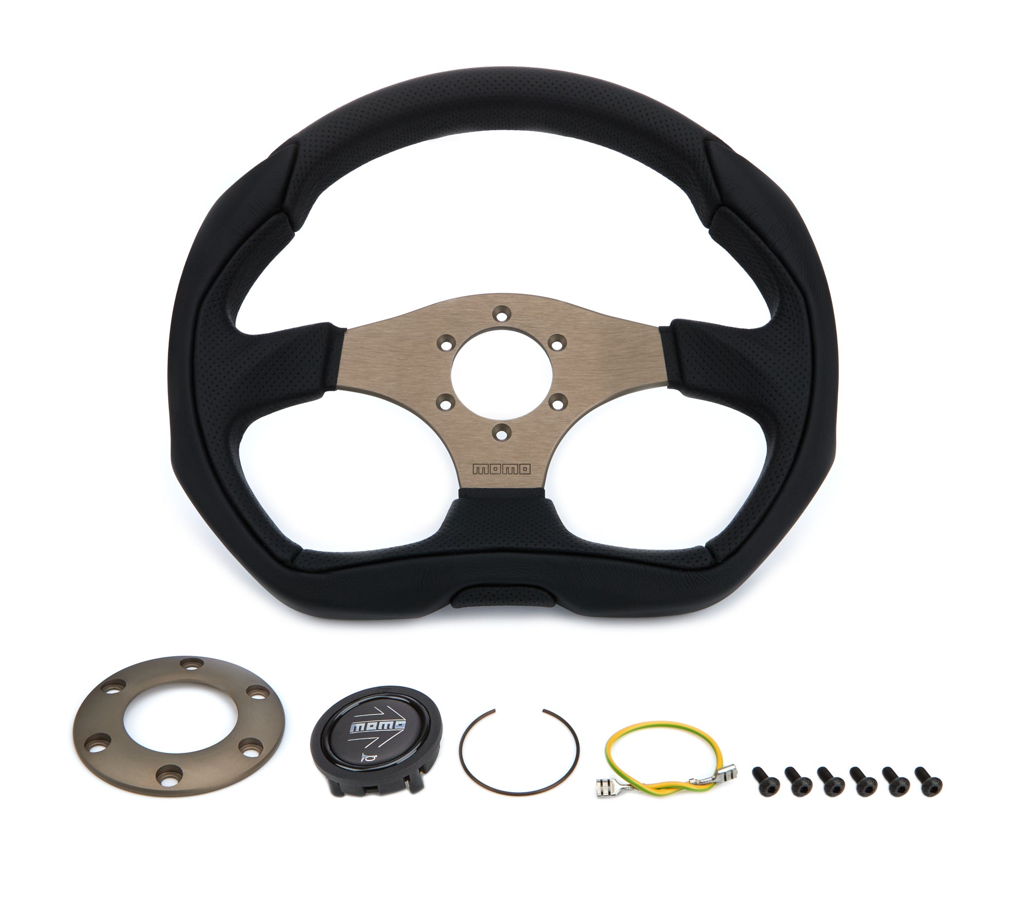 MOMO Automotive Accessories EAG35BK0S Eagle 350mm Diameter D-Shaped Steering Wheel with Black Leather Grip and Gray Aluminum Finish