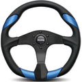 MOMO Automotive Accessories Quark Steering Wheel 350mm Diameter, Black Polyurethane with Blue Leather Insert, 3-Spoke Aluminum Construction