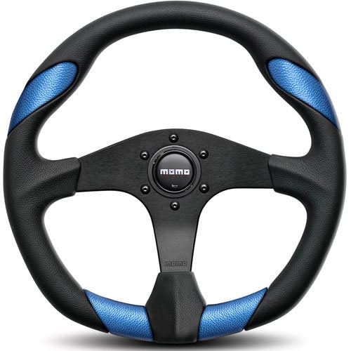 MOMO Automotive Accessories Quark Steering Wheel 350mm Diameter, Black Polyurethane with Blue Leather Insert, 3-Spoke Aluminum Construction