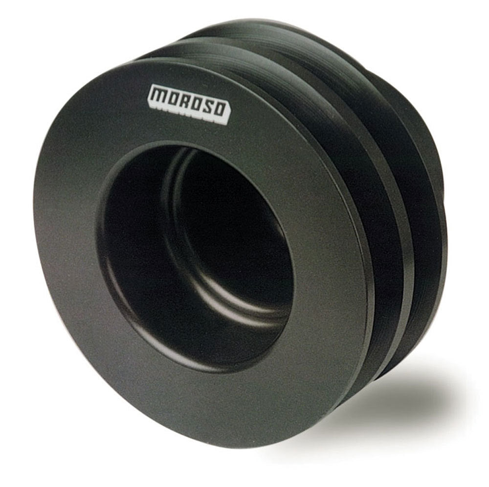 MOROSO SBC Billet Crank Pulley, 2-Groove V-Belt, 4 Inch Diameter, Underdrive, Aluminum, Black Anodized, Long Water Pump, Small Block Chevy