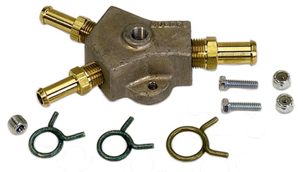 MOROSO 65160 Aluminum Y-Block Fuel Distribution Block with 1/2 In Hose Barb and 3/8 In Hose Barb Fittings