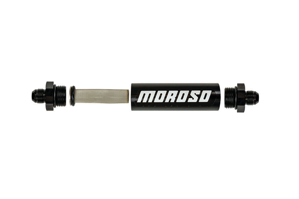 MOROSO 65230 Inline Fuel Filter, 40 Micron Stainless Element, 8 AN Male Inlet and Outlet, Black Anodized Aluminum