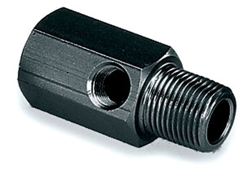 MOROSO 65310 Fuel Pressure Fitting, 3/8 Inch NPT Female to Male with 1/8 Inch NPT Gauge Port, Aluminum, Black Anodized