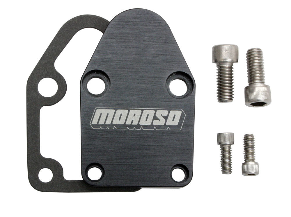 MOROSO 65395 Fuel Pump Plate for Small Block Chevy, Billet Aluminum with Black Anodized Finish and Stainless Allen Head Screws