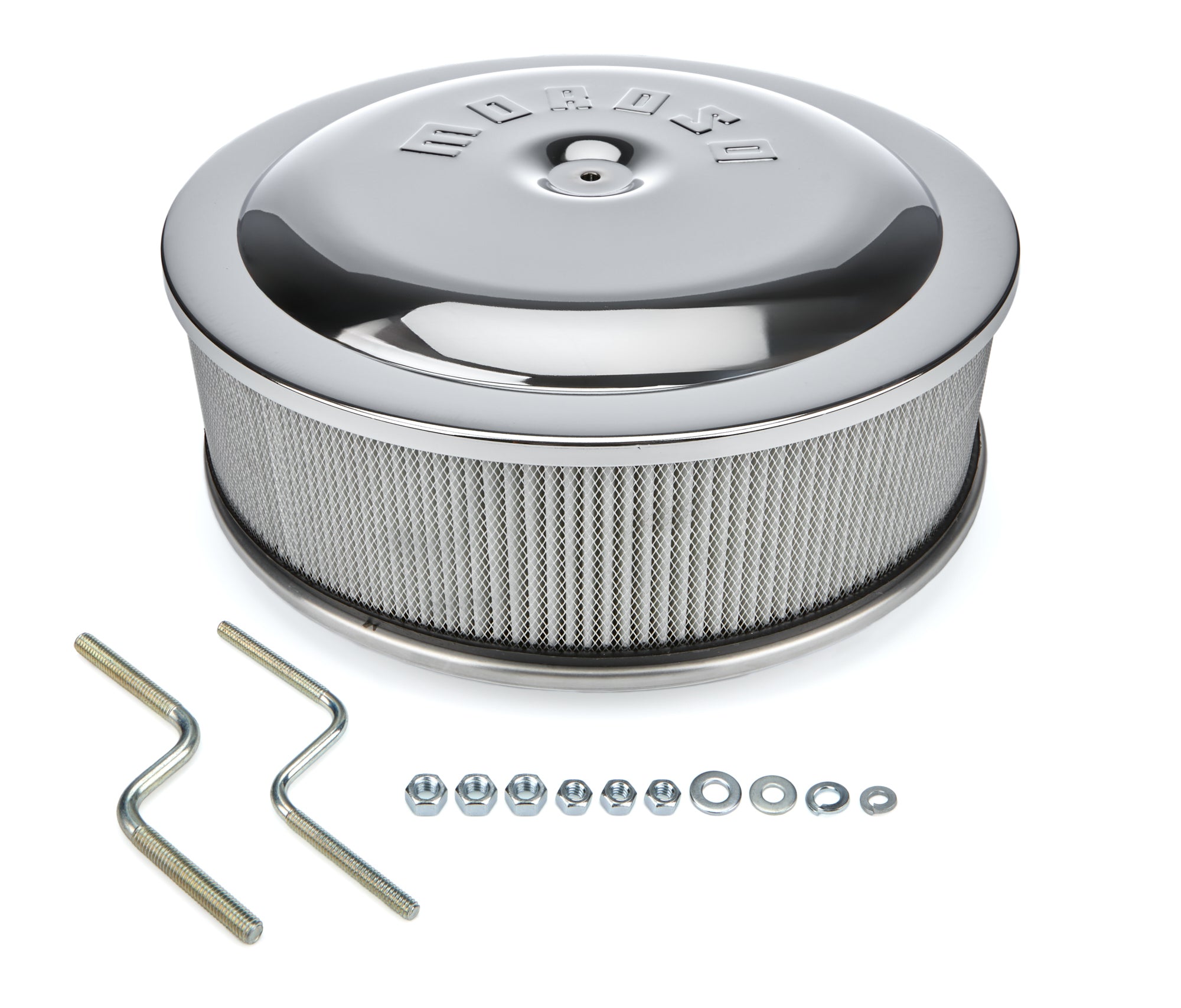 MOROSO Offset Air Cleaner Assembly 14 Inch Chrome Steel with 4 Inch Element and 5-1/8 Inch Carb Flange