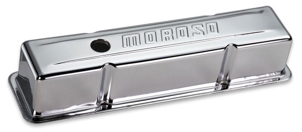 MOROSO 68102 Chrome B/E Valve Covers for Small Block Chevy, Stock Height, Without Baffles, Steel with Moroso Logo