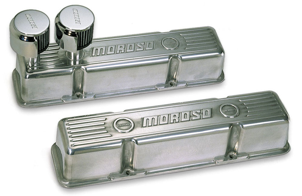 MOROSO 68365 Aluminum Valve Cover for Small Block Chevy with Tall Ribbed Design and Breather Tubes