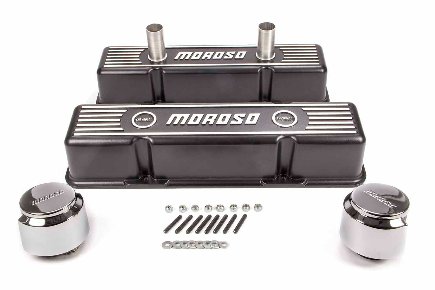 MOROSO 68371 Aluminum Valve Cover for Small Block Chevy, Tall Ribbed Design with Breather Tubes and Hardware Included