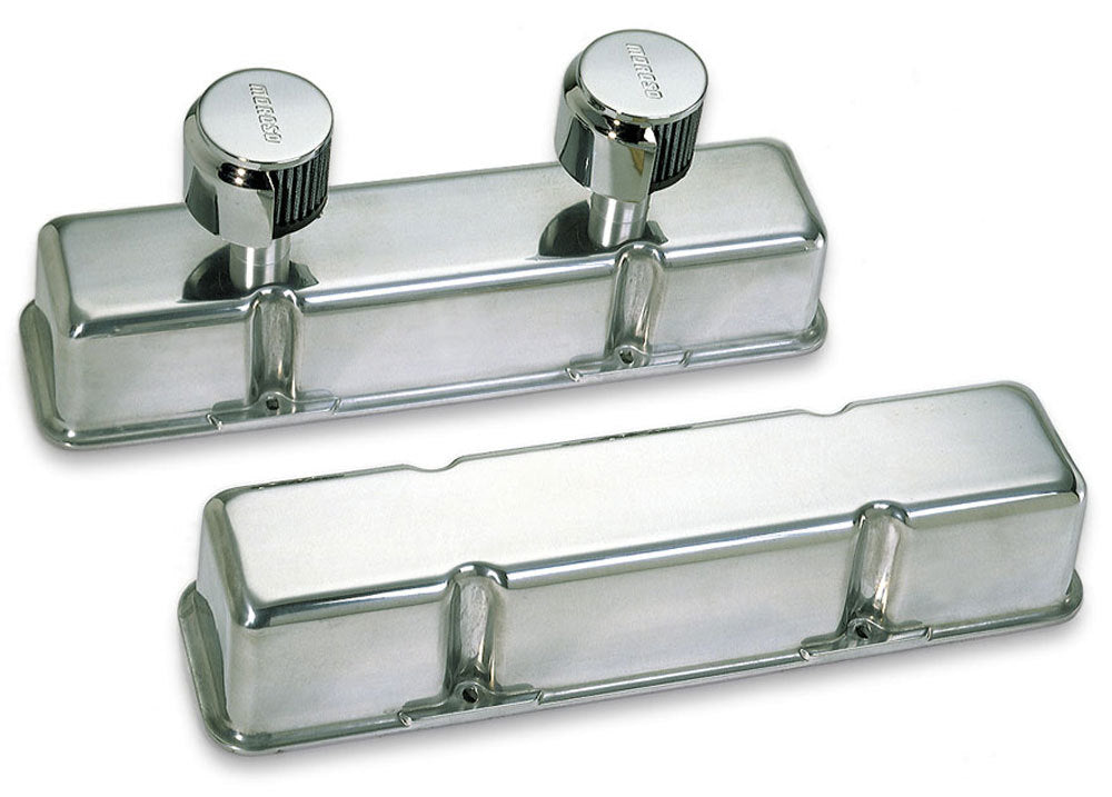 MOROSO 68374 Small Block Chevy Aluminum Valve Cover with Tall Breather Tubes and Hardware, Polished Finish