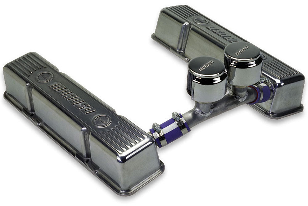 MOROSO 68385 Small Block Chevy Valve Cover with Tall Crossover Breather Tube and Hooded Breathers