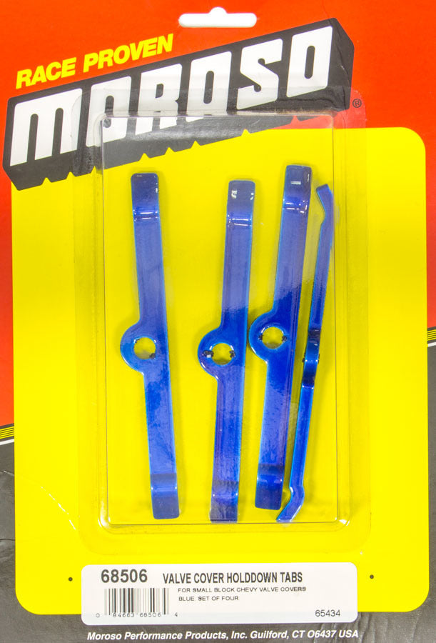 MOROSO Valve Cover Hold Down Tabs for Small Block Chevy and V6 Engines, Steel with Blue Powder Coat, Set of 4