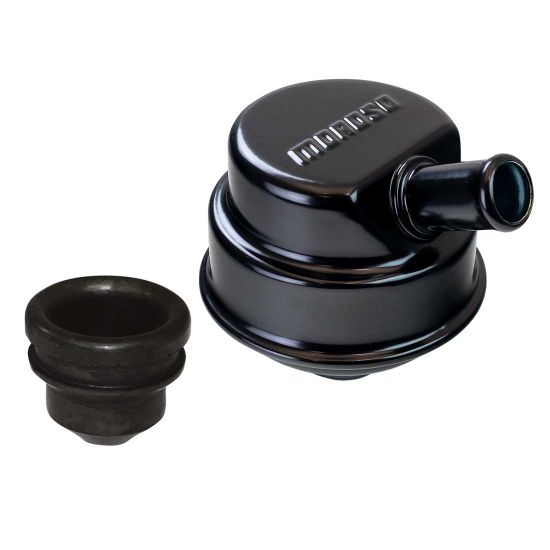 MOROSO 68782 Oil Separator Breather, Black Powder Coat, 1-1/4 Inch Round Push-In Fitment
