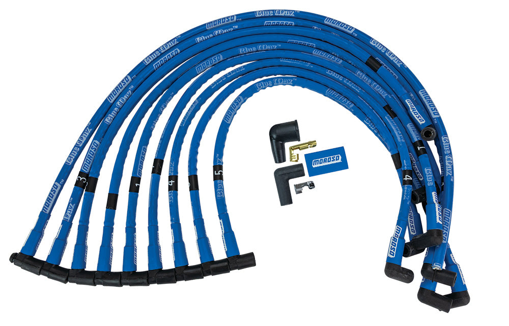 MOROSO Blue Max Ignition Wire Set for Small Block Chevy, 8mm Spiral Core with 90 Degree HEI Boot, Blue