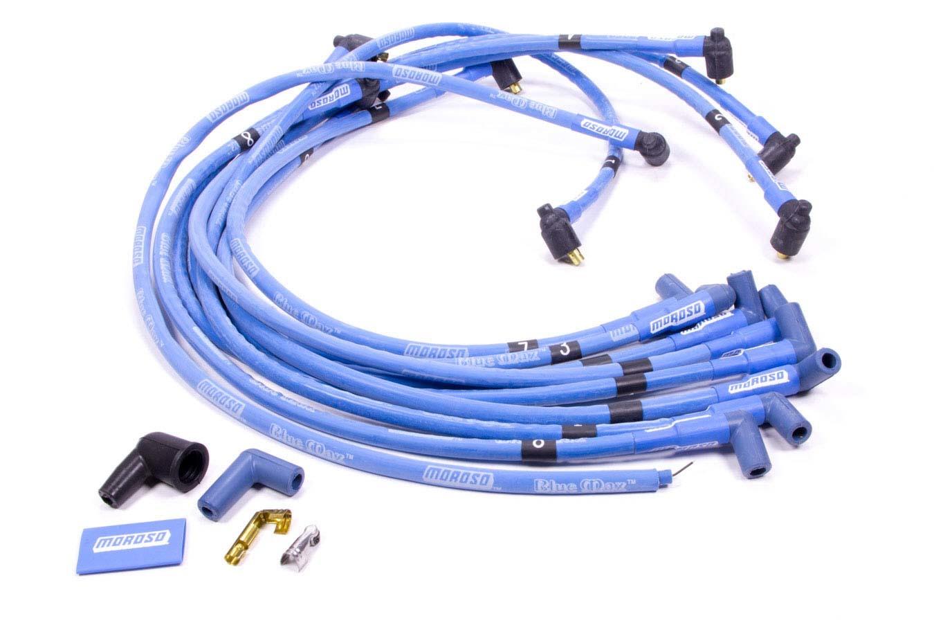 MOROSO 72405 Blue Max Ignition Wire Set for Small Block Chevy, 8mm Spiral Core with Blue, 90 Degree Plug Boots, Socket Style, Under Headers