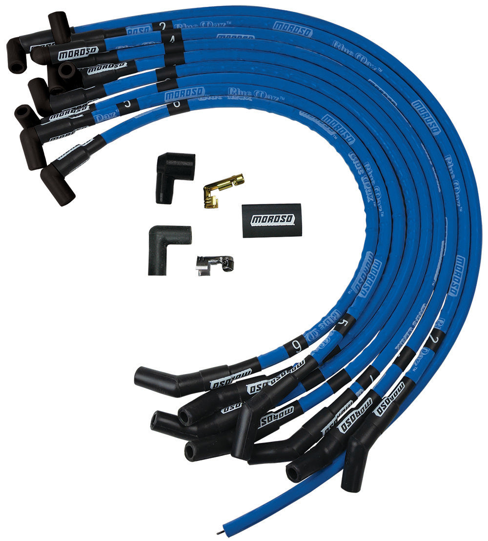 MOROSO 72430 Blue Max Ignition Wire Set for Small Block Ford, 8 mm Spiral Core, Blue with 135 Degree Plug Boots and HEI Style Terminals